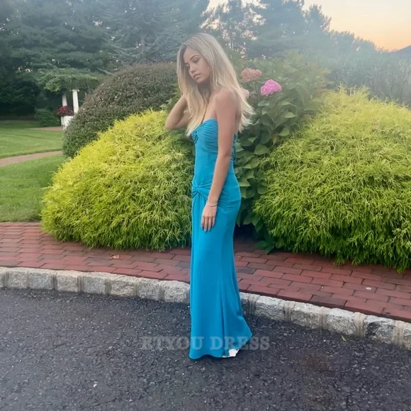 Sheath Sweetheart Strapless Blue Long formal dresses Bridesmaid Dresses evening gown Prom Dress